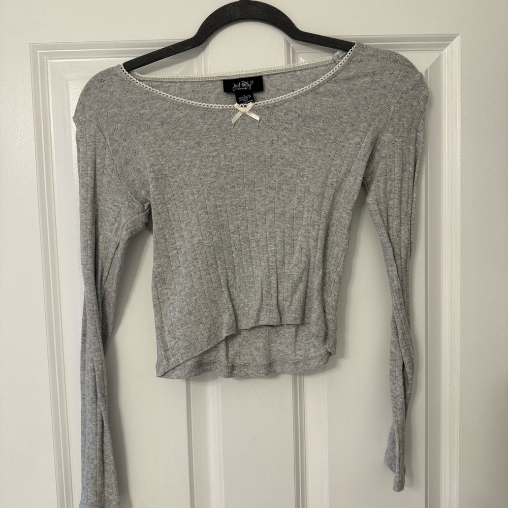 Hot Kiss Gray Long Sleeve Top with Bow Accent
